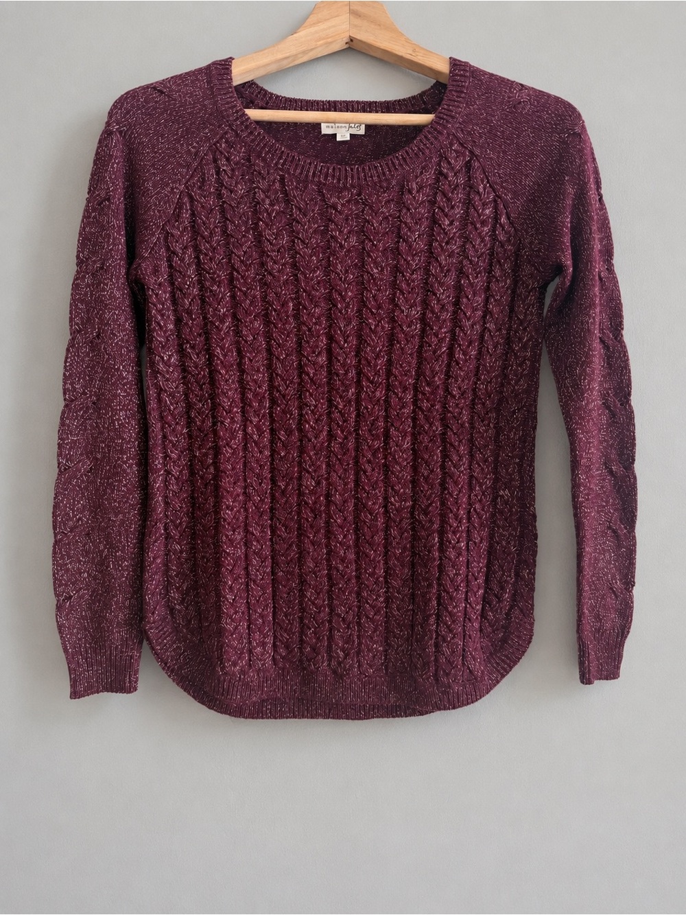 Maison Jules Cable Knit Sweater Small Burgundy Metallic Shimmer Long Sleeve